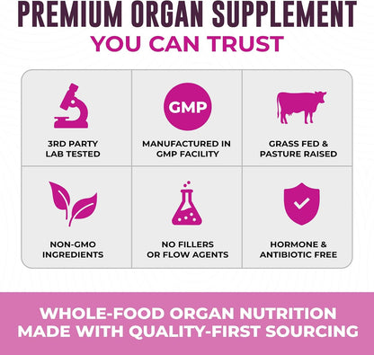 Beef Organ Supplement for Women, 120 Capsules | Beef Liver, Kidney, Heart and Uterus Tissue - Supports Women's Energy & Health - Grass Fed, Pasture Raised, 3rd Party Tested