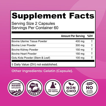 Beef Organ Supplement for Women, 120 Capsules | Beef Liver, Kidney, Heart and Uterus Tissue - Supports Women's Energy & Health - Grass Fed, Pasture Raised, 3rd Party Tested